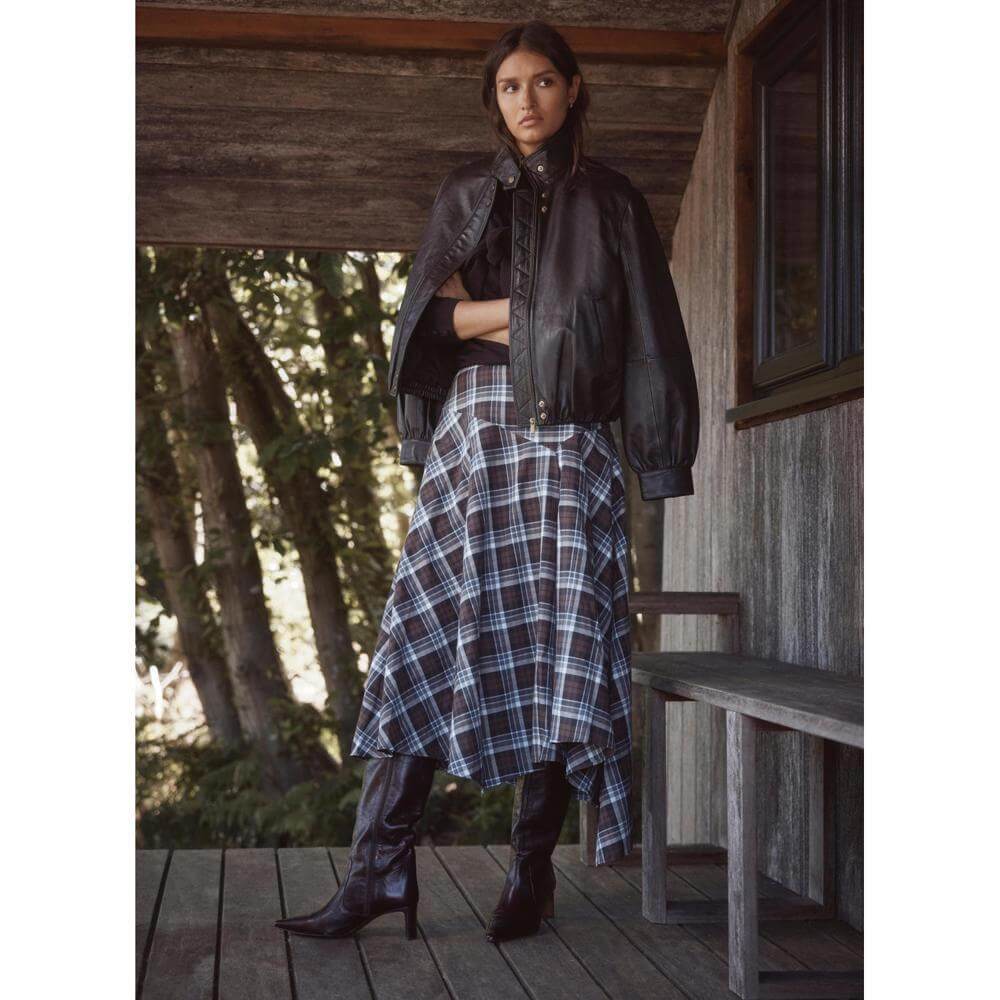 Mint Velvet Brown Checked Hanky Hem Midi Skirt